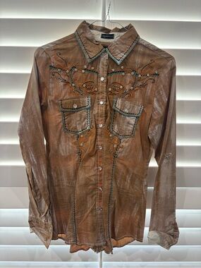Embroidered Brown Western Button-Up Shirt